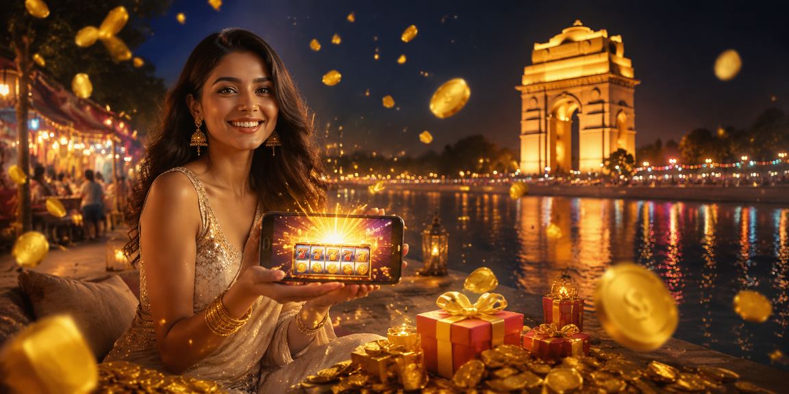 Slot game lobby with Indian night market background in Delhi