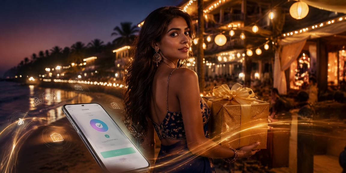 Calm Indian beach with mobile device showing deposit process