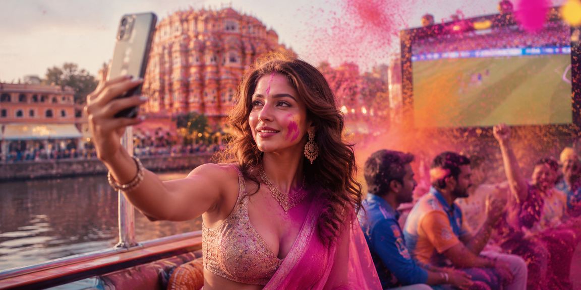 Jaipur Holi festival lively scene with VIP bonus advertisement
